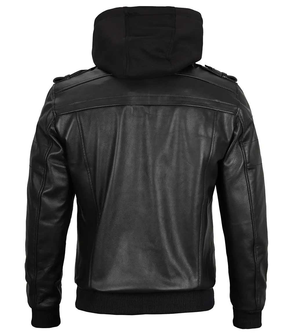 Mens Black Real Leather Bomber Jacket with Removable Hood Back