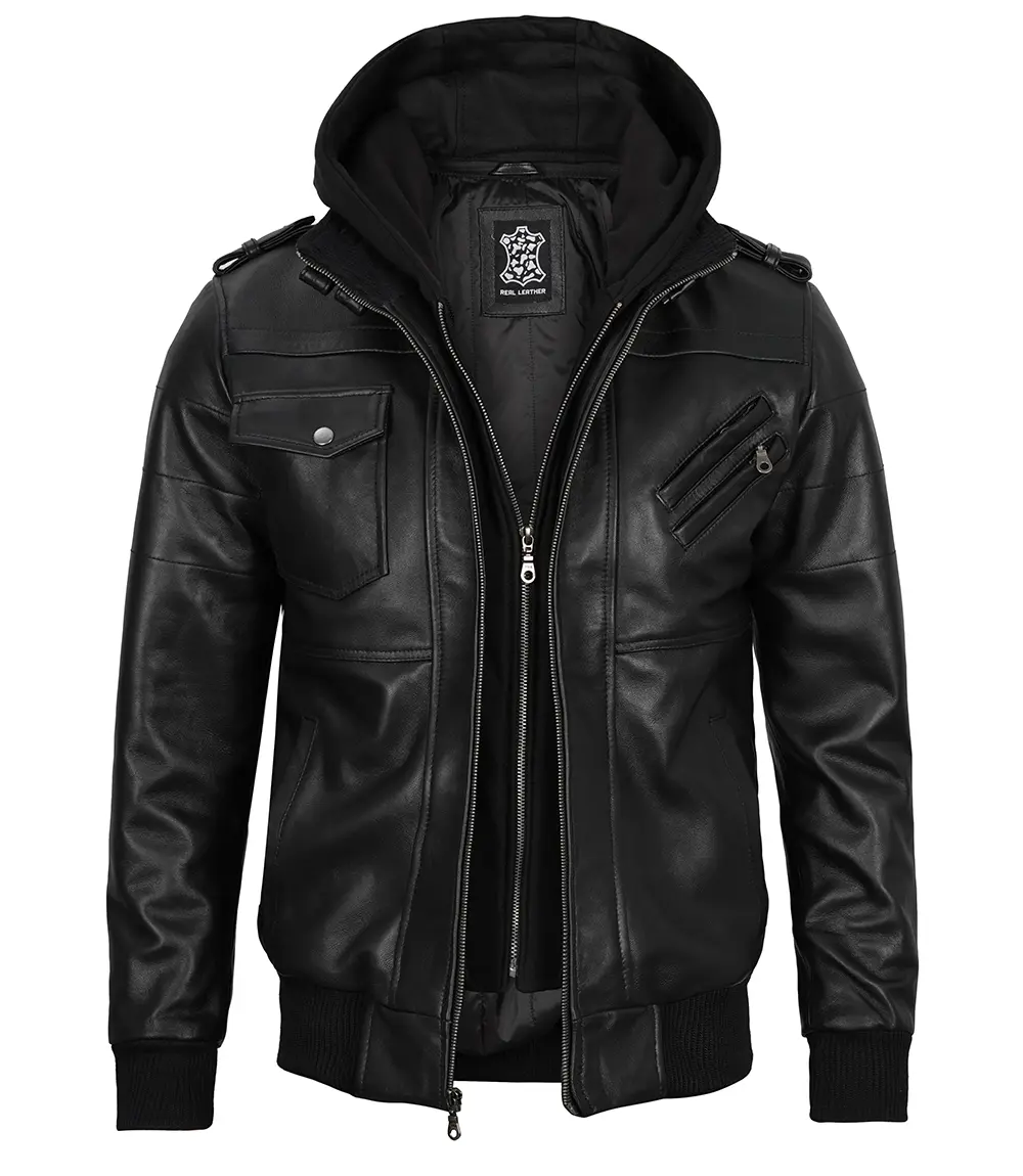 Mens Black Real Leather Bomber Jacket with Removable Hood Front Closure
