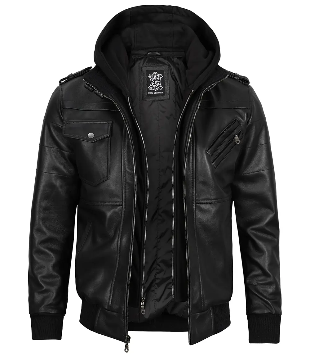 Mens Black Real Leather Bomber Jacket with Removable Hood Front