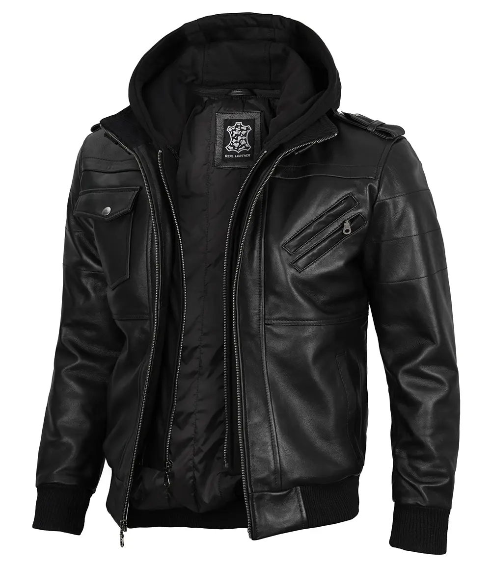 Mens Black Real Leather Bomber Jacket with Removable Hood Side