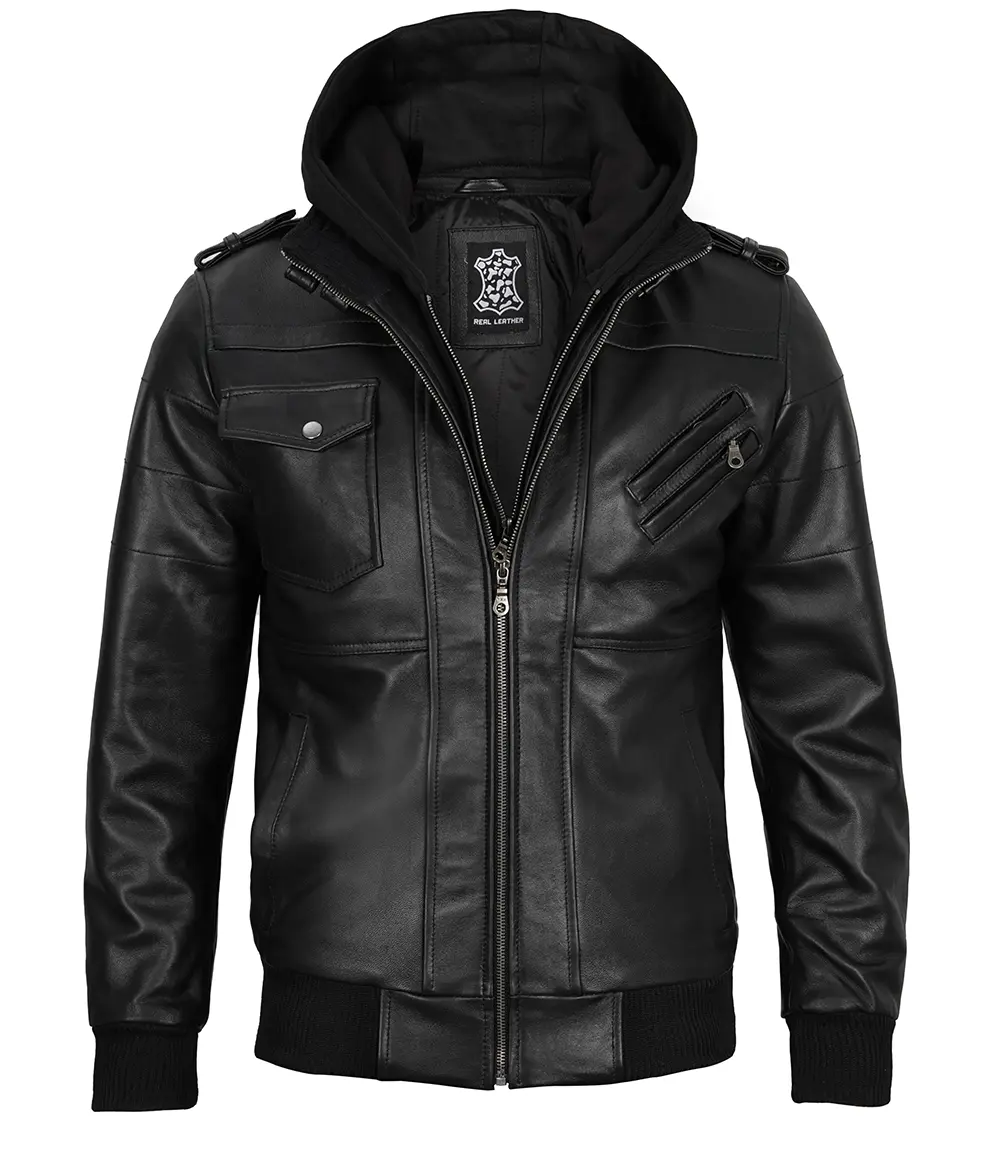 Mens Black Real Leather Bomber Jacket with Removable Hood