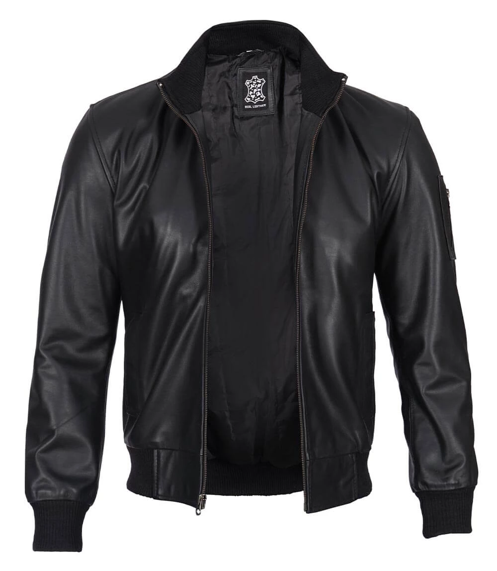 Men's Premium Black Cowhide Leather Bomber Jacket