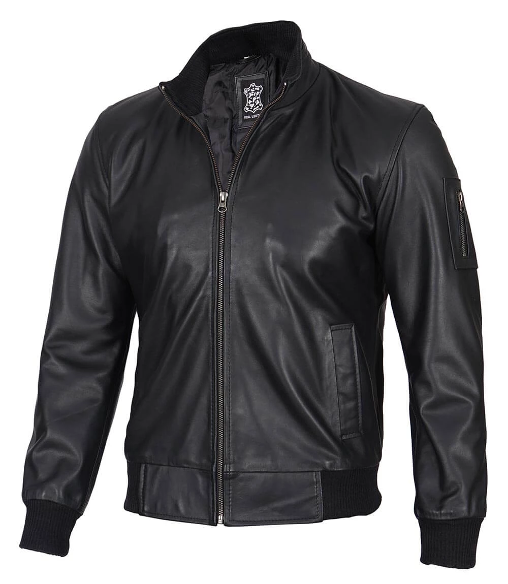 Men's Premium Black Cowhide Leather Bomber Jacket